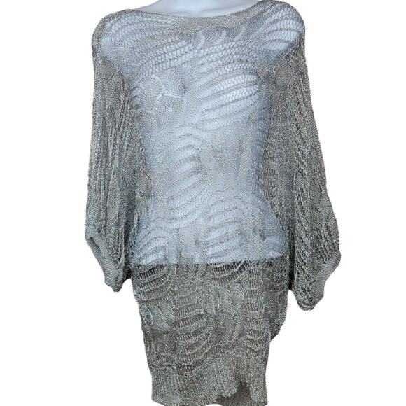 Dolce Cabo Open Weave Silver Metallic Pullover Boatneck Slouch Sweater - Size S - Picture 6 of 8